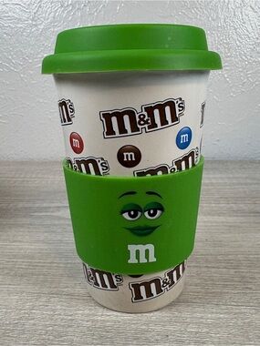 M&M’s Green M&M Ceramic 12 OZ Coffee Travel Mug Tumbler Cup & Silicon Wrap & Lid
